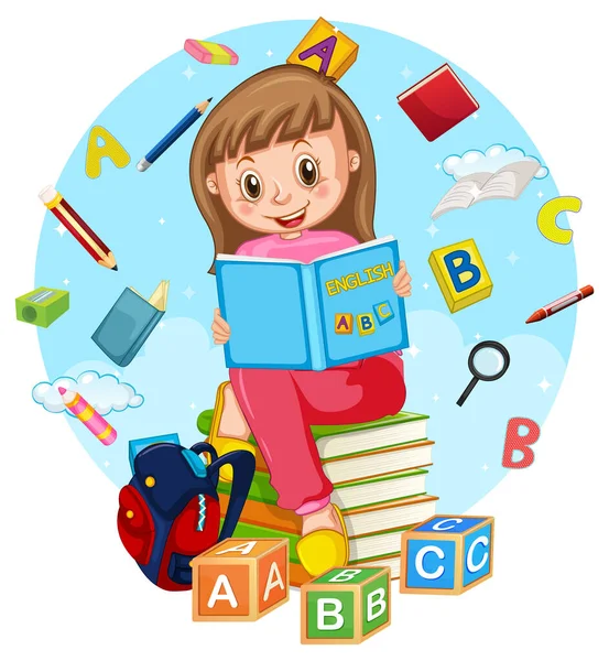 Girl Reading Books White Background Illustration — Stock Vector