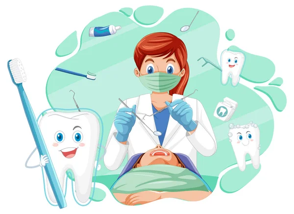 Dentista Mulher Examinando Dentes Paciente Fundo Branco Ilustração —  Vetores de Stock
