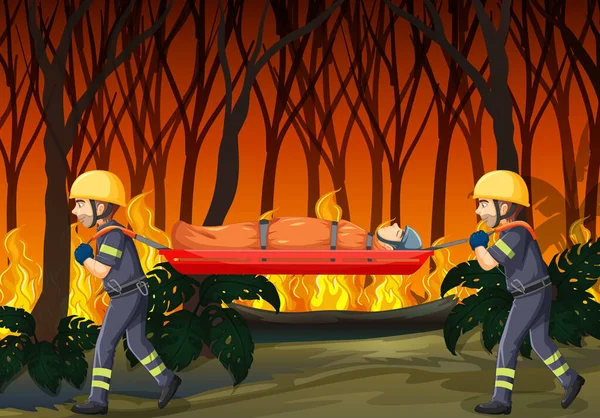 Wildfire Scene Firerman Rescue Cartoon Style Illustration — Stock Vector