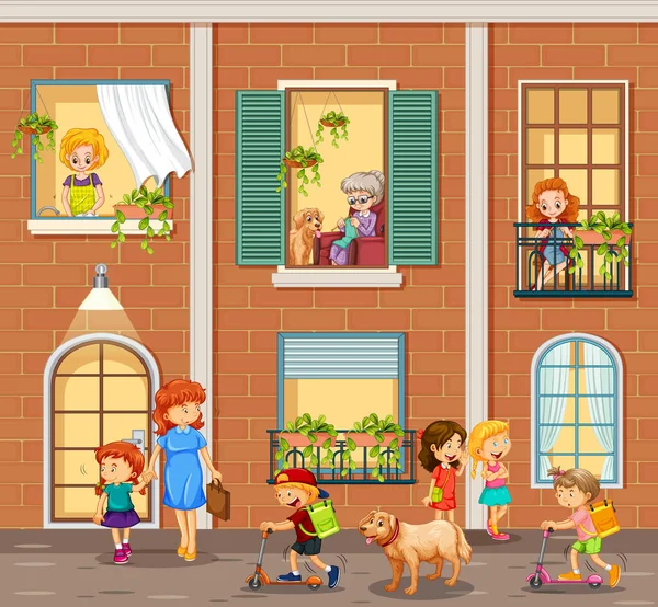 Appartement Fenêtres Avec Des Voisins Illustration Personnage Dessin Animé — Image vectorielle