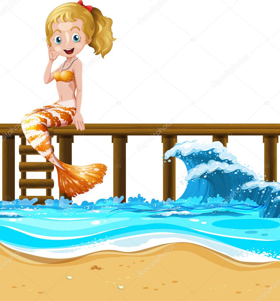Mermaid sitting on wooden pier  illustration
