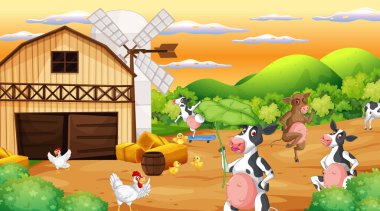 Çiftlik illüstrasyonunda çiftlik hayvanı sahnesi