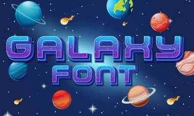 Uzay arkaplan illüstrasyonunda gezegenli Galaxy yazı tipi logosu