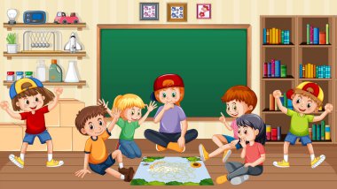 Oda illüstrasyonunda oynayan çocuklar