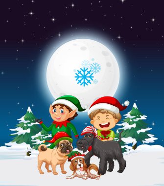 Yılbaşı elfleri ve köpek resimleriyle karlı bir kış gecesi.