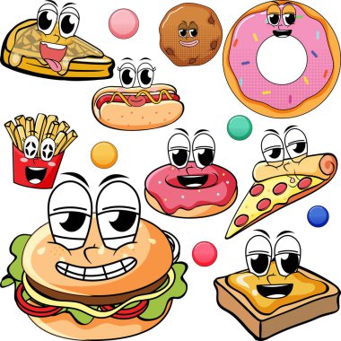 Beyaz arkaplan illüstrasyonunda çeşitli tatlılar