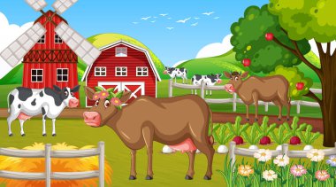 Çiftlik illüstrasyonunda çiftlik hayvanı sahnesi