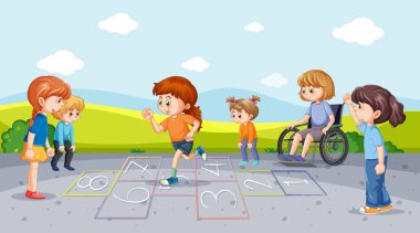 Oyun parkında seksek oynayan mutlu çocuklar.