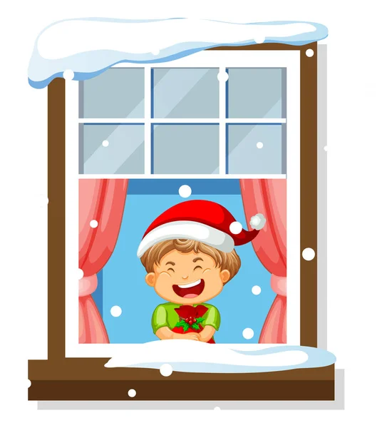 Blick Durch Das Fenster Der Cartoon Figur Weihnachten Thema Illustration — Stockvektor