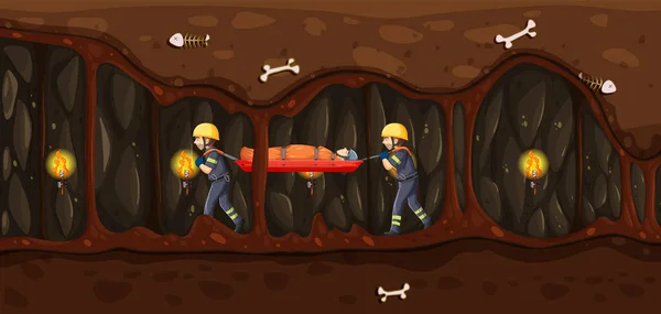 Ondergrondse Scène Met Firerman Rescue Cartoon Stijl Illustratie — Stockvector