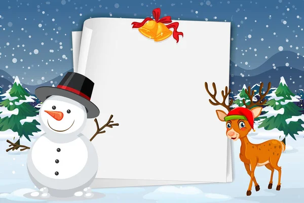 Empty Banner Christmas Theme Snowman Reindeer Illustration — Stock Vector