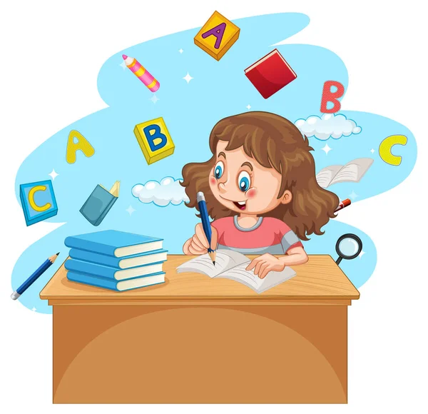 Girl Doing Homework Books White Background Illustration — Stock Vector