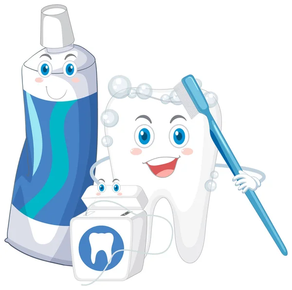 Щаслива Чистка Зубів Допомогою Зубної Пасти Ілюстрації Зубної Нитки — стоковий вектор