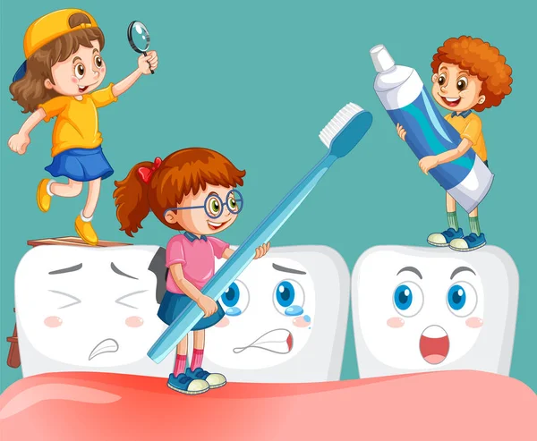 Ευτυχισμένα Παιδιά Κρατώντας Οδοντιατρικός Εξοπλισμός Καθαρισμού Οδοντίατρο Πράσινο Φόντο Εικονογράφηση — Διανυσματικό Αρχείο