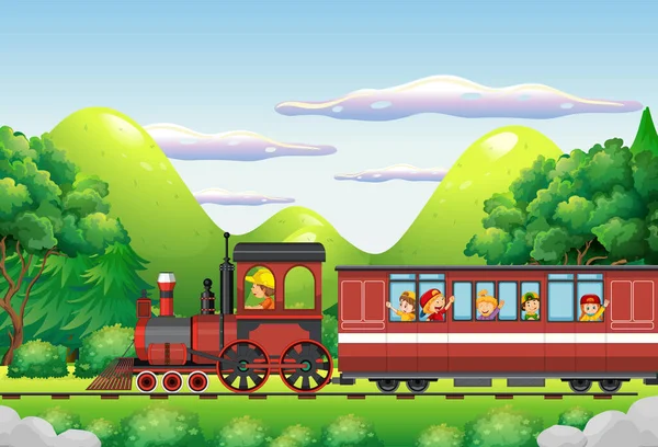 Niño Tren Con Ilustración Escena Natural — Archivo Imágenes Vectoriales