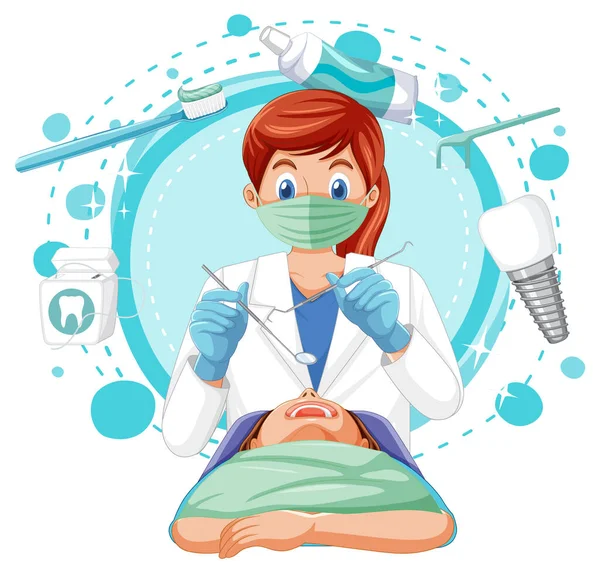 Dentiste Femme Examinant Les Dents Patient Sur Fond Blanc Illustration — Image vectorielle