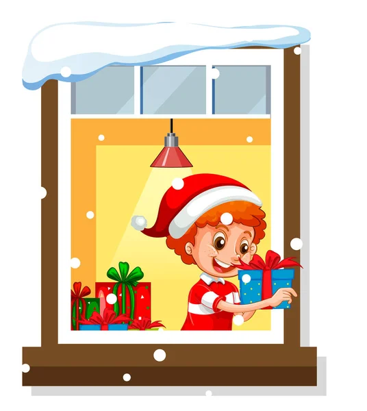 Vista Través Ventana Niño Sosteniendo Presente Ilustración Tema Navidad — Archivo Imágenes Vectoriales