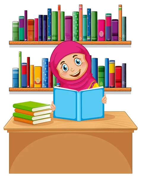 イスラム教徒の女の子読書本上の白い背景イラスト — ストックベクタ