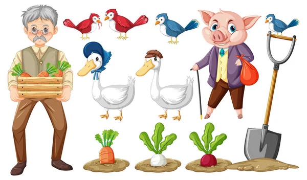 Conjunto Animales Granja Ilustración Personajes Dibujos Animados Agricultores — Vector de stock