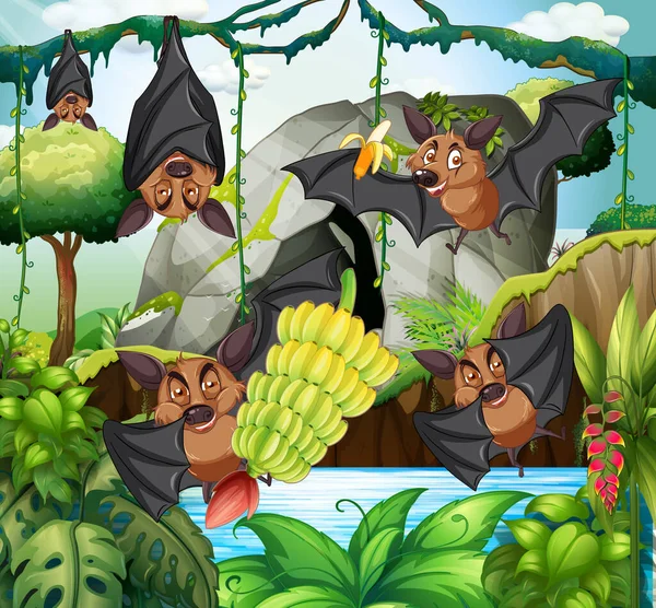 卡通画中的森林场景和一群蝙蝠 — 图库矢量图片