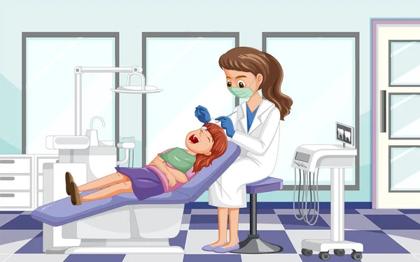 Mujer Dentista Examinando Dientes Paciente Ilustración Clínica — Vector de stock
