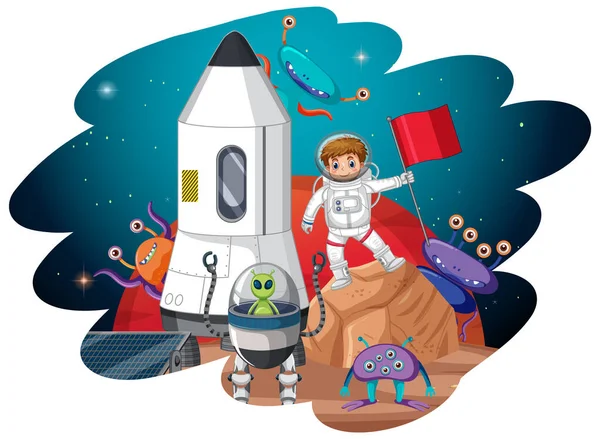 Cartoon Astronaut Aliens Planet Cartoon Style Illustration — Stock Vector