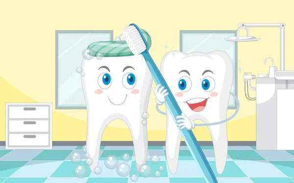 Happy Dente Escovar Com Equipamento Limpeza Dentária Ilustração Clínica — Vetor de Stock