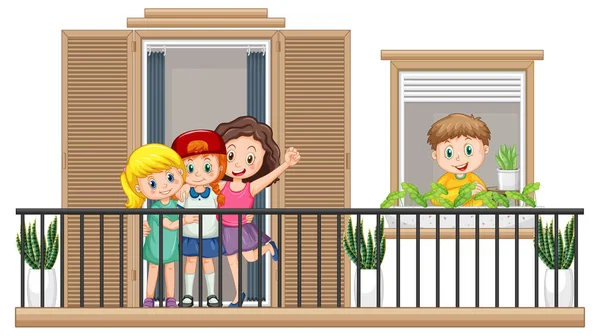 Bambini Piedi Sul Balcone Illustrazione — Vettoriale Stock