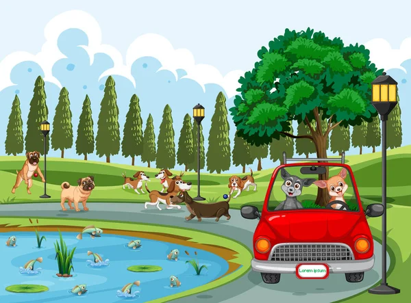 Cães Dirigindo Carro Junto Lago Ilustração —  Vetores de Stock