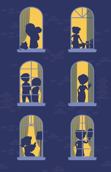 Nacht Fenster Gebäude Mit Menschen Silhouetten Illustration — Stockvektor