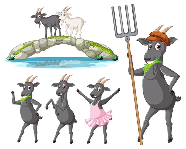 Conjunto Diferentes Poses Personajes Dibujos Animados Cabras Ilustración — Vector de stock