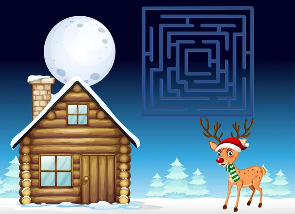 Snowy Winter Night Reindeer Maze Game Template Illustration — Stock Vector