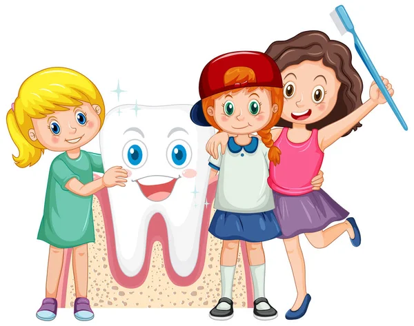 Glückliche Kinder Halten Zahnbürste Und Umarmen Großen Zahn Auf Weißem — Stockvektor