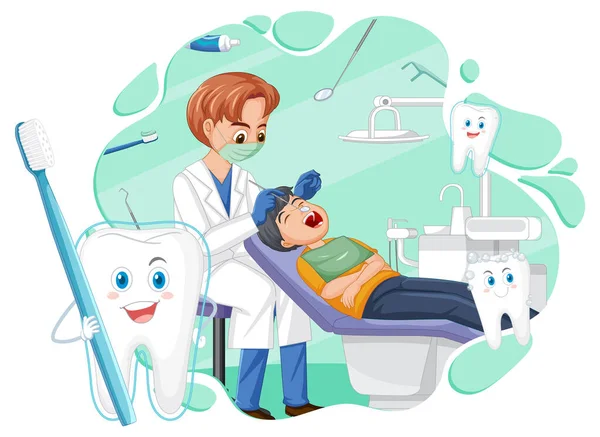 牙科医生在白底图上检查病人的牙齿 — 图库矢量图片