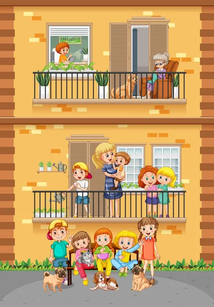 Jendela Apartemen Dengan Ilustrasi Karakter Kartun Tetangga - Stok Vektor
