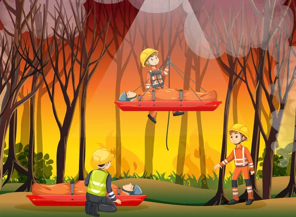 Adegan Wildfire Dengan Penyelamatan Pemadam Kebakaran Dalam Ilustrasi Gaya Kartun - Stok Vektor