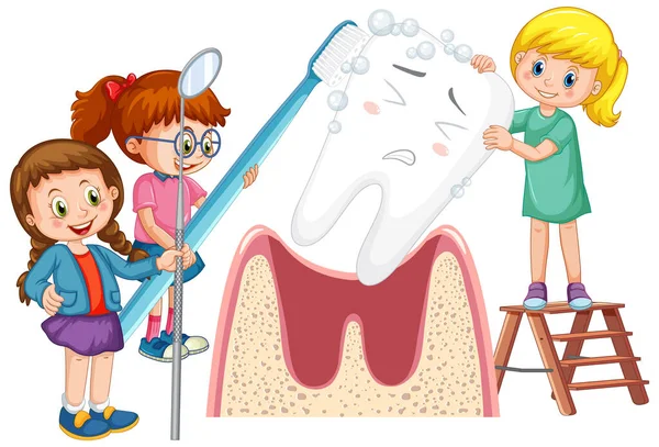 白い背景のイラストに歯ブラシで大きな歯を磨く幸せな子供たち — ストックベクタ