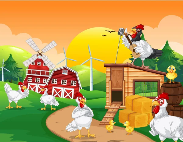 Bauernhofszene Mit Zeichentrickhühnern Und Küken — Stockvektor