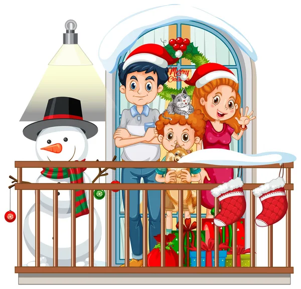 Οικογένεια Χριστουγεννιάτικο Θέμα Στέκεται Στην Εικόνα Μπαλκόνι — Διανυσματικό Αρχείο