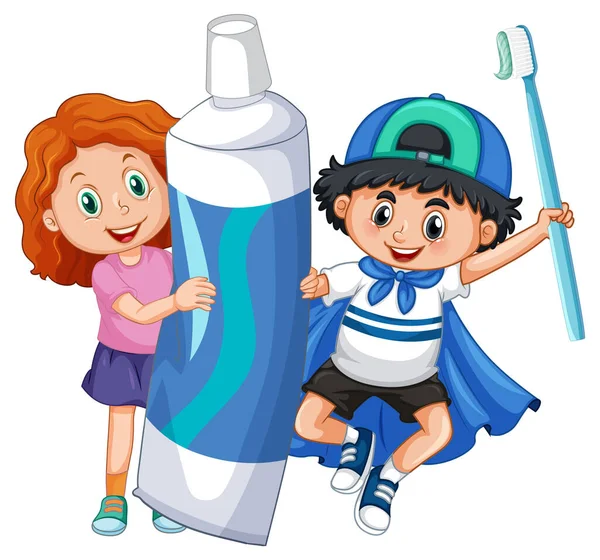 Kinder Mit Zahnpasta Und Zahnbürste Auf Weißem Hintergrund — Stockvektor
