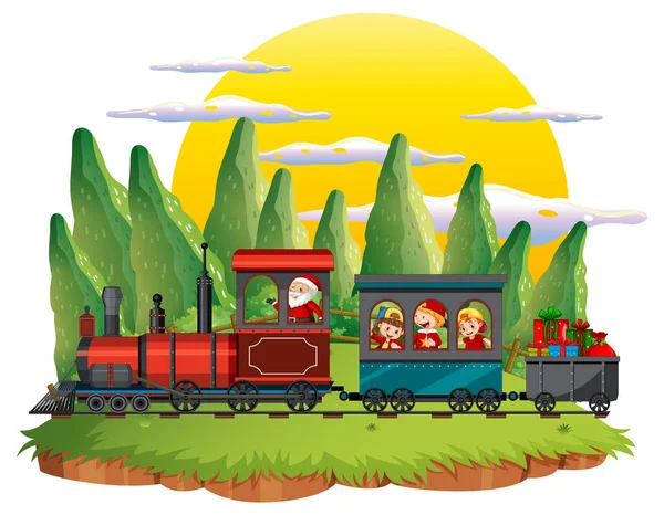 Děti Vlaku Ilustrací Přírodní Scény — Stockový vektor