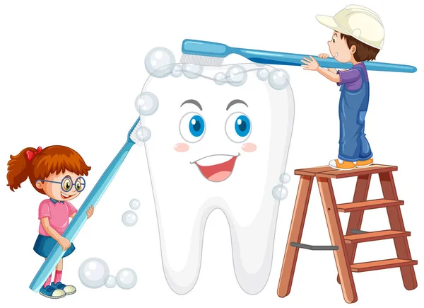 Счастливые Дети Чистят Большой Зуб Зубной Щеткой Белом Фоне Иллюстрации — стоковый вектор