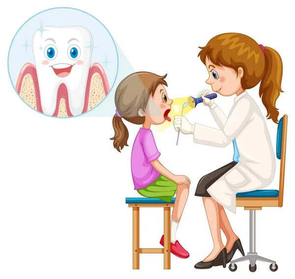在白底图上检查病人牙齿的牙医妇女 — 图库矢量图片