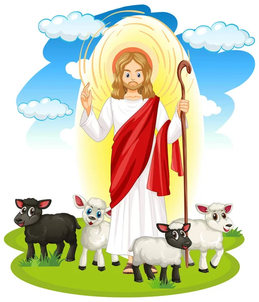 耶稣基督和动物在卡通风格的图解 — 图库矢量图片