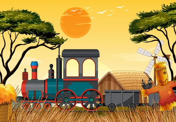 Tren Con Escena Natural Granja Escena Ilustración — Archivo Imágenes Vectoriales