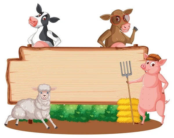 農家の動物イラストとブランク木製の看板 — ストックベクタ