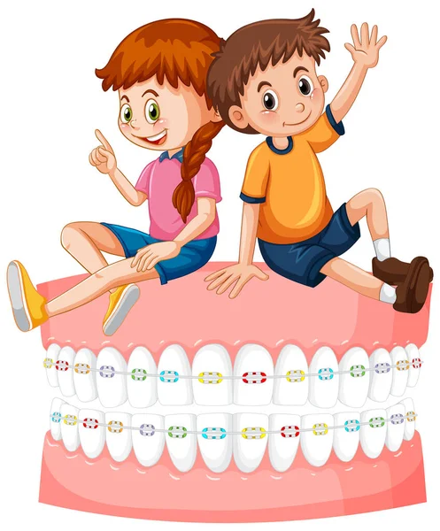Mutlu Çocuklar Diş Tellerinin Üzerinde Beyaz Sırtüstü Oturuyor — Stok Vektör
