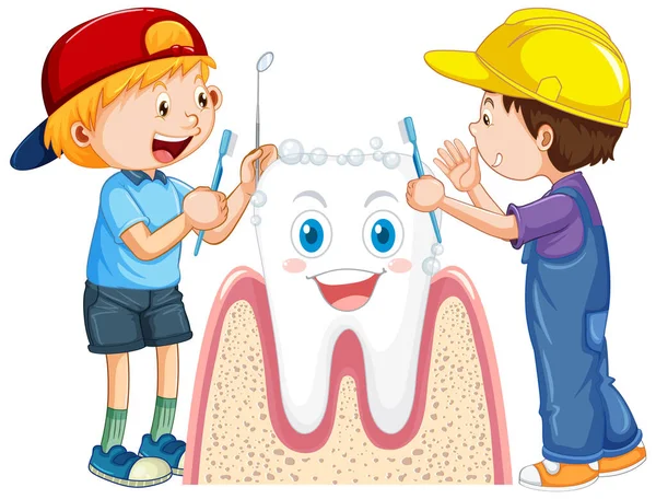 Crianças Felizes Escovando Dente Grande Com Uma Escova Dentes Fundo —  Vetores de Stock