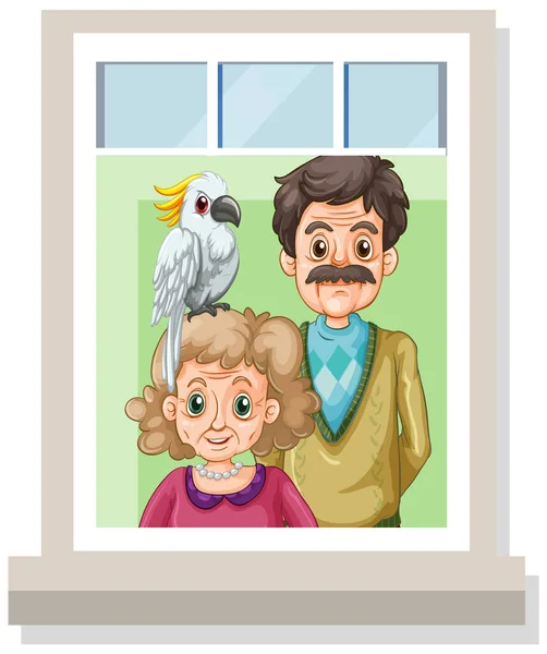 Vue Travers Fenêtre Une Illustration Vieux Couple — Image vectorielle