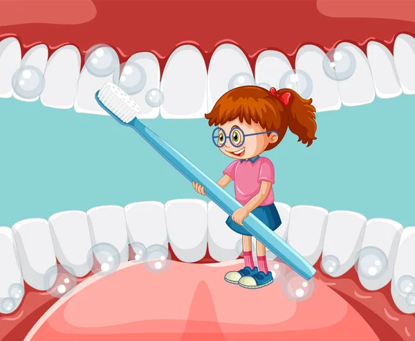 一个小女孩用牙刷在人的嘴里刷白了牙齿 — 图库矢量图片